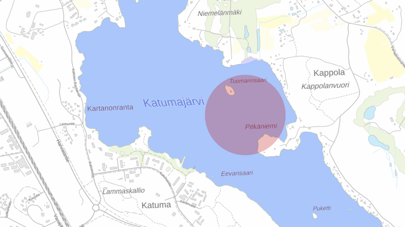 Kartta Katumajärvestä, jossa näkyy Kipinäniemen ja Tuomarinsaaren välinen alue.
